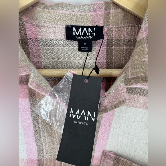 Boohoo Men's Pink and Brown Plaid Shirt Jacket - Picture 6 of 11